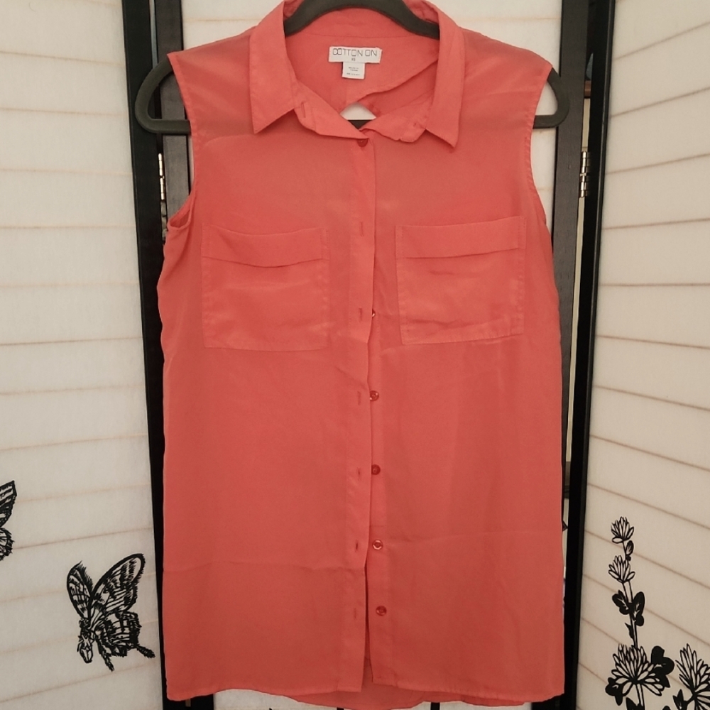 Cotton On Sheer Sleeveless Coral Color Button-Up Top